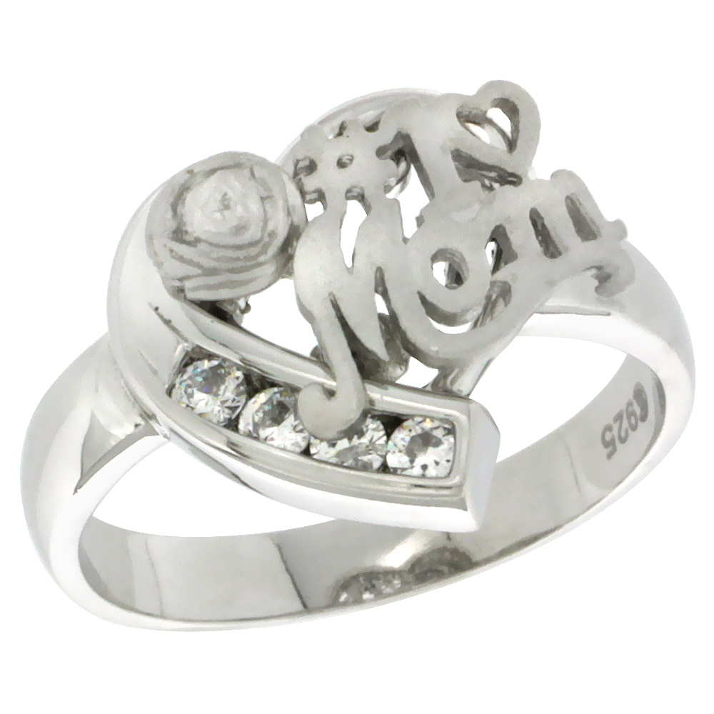 Sterling Silver #1 Mom Heart Love Ring CZ Stones Rhodium Finished 5/8 Inch Wide Sizes 5 - 8