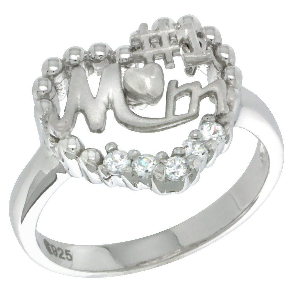 Sterling Silver #1 Mom Heart Ring CZ Stones Rhodium Finished 5/8 Inch Wide Sizes 5 - 8