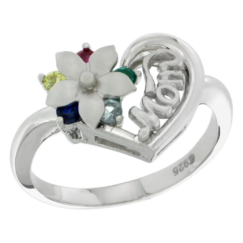 Sterling Silver Heart Mom Ring With Flower & Color CZ Stones Rhodium Finished 5/8 Inch Wide Sizes 5 - 8