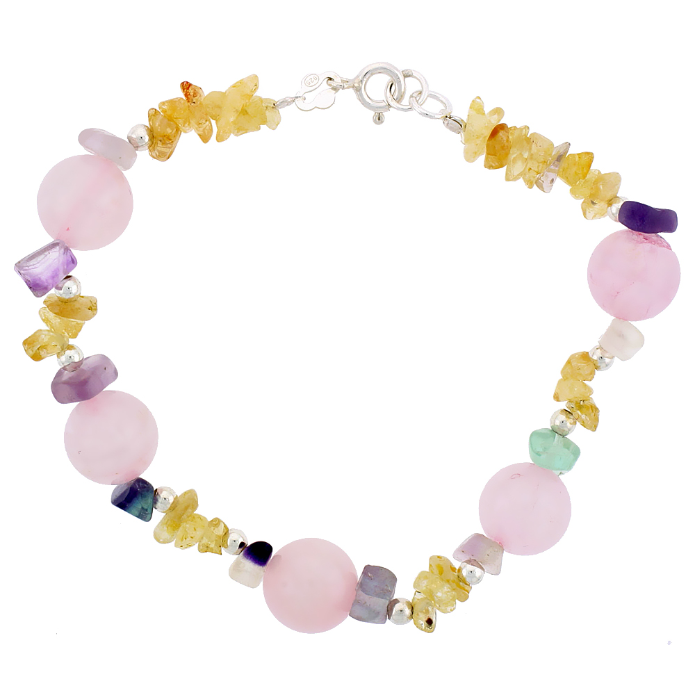 Natural Rose Quartz Citrine &amp; Fluorite Bracelet Sterling Silver Findings, 7 inch