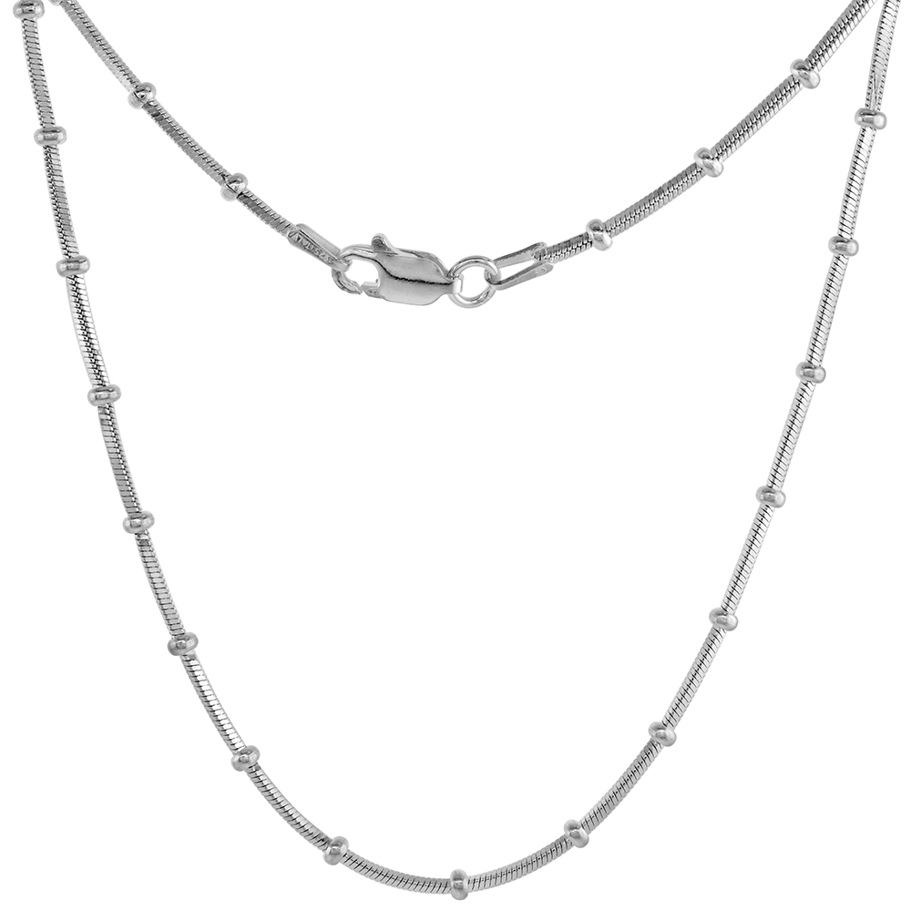 STERLING SILVER 1MM SQUARE SNAKE CHAIN STATION NECKLACES & BRACELETS FOR WOMEN 2MM BEADS NICKEL FREE ITALY SIZES 7-30 INCH