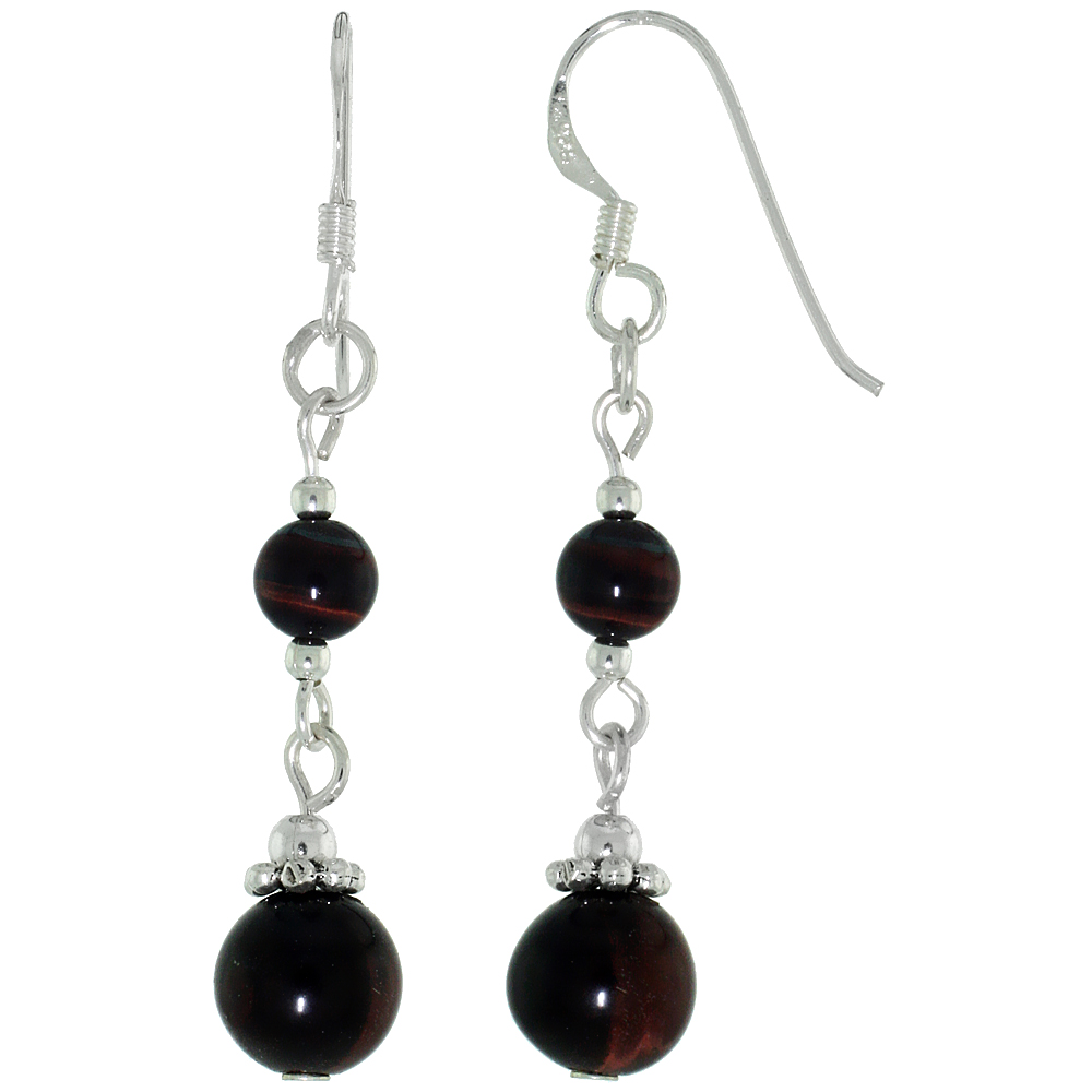 Sterling Silver Natural 2-Tier  Dark Tiger Eye Fishhook Earrings Women Handmade 1 3/4 inch