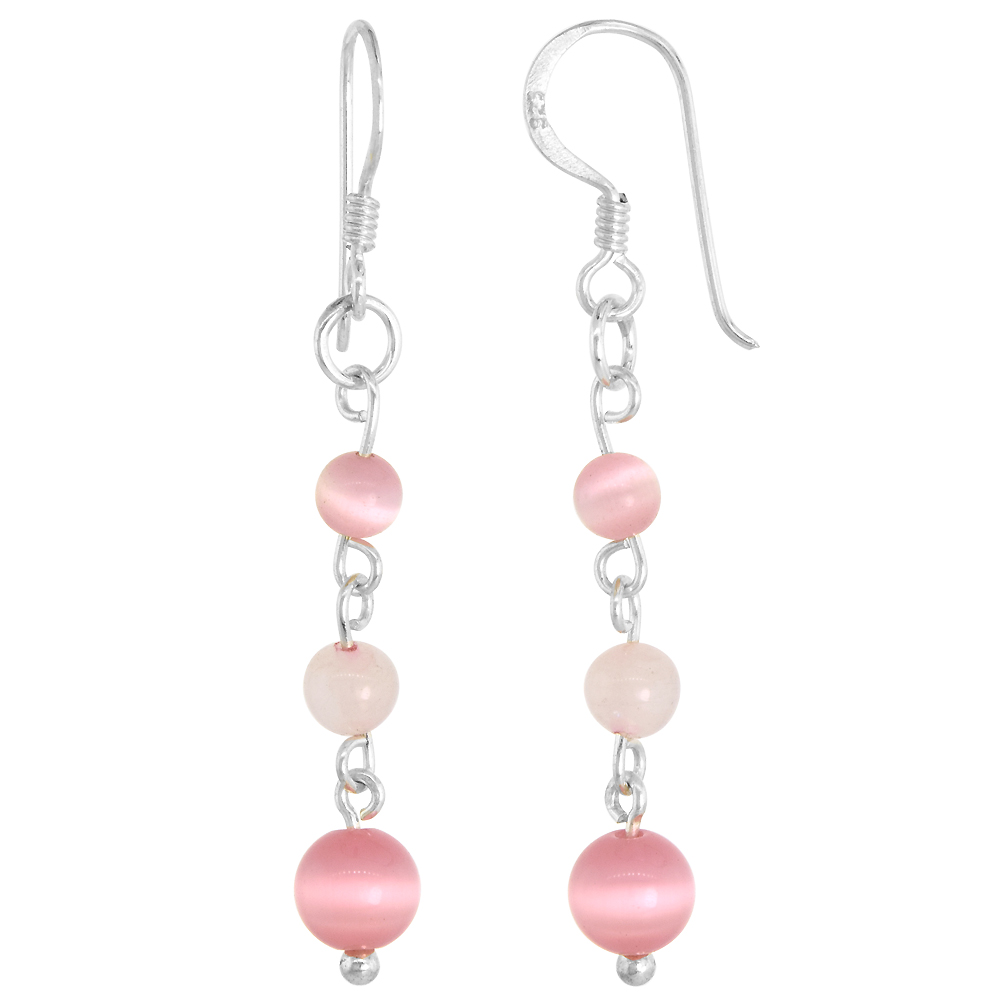 Sterling Silver Natural 3-Tier Rose Quartz and Cat's Eye Bead Fishhook Handmade Earrings 1 3/4 inch