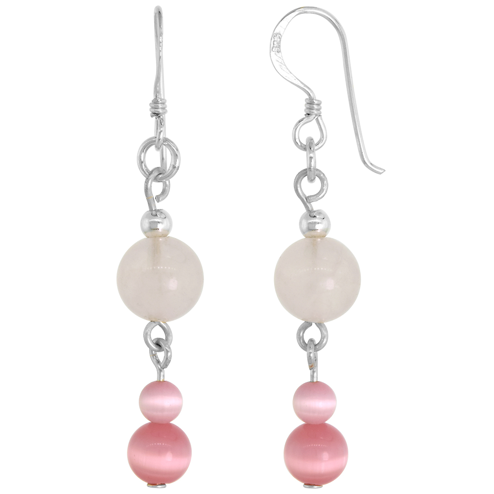 Sterling Silver 2-Tier Natural Rose Quartz and Cat's Eye Bead Fishhook Handmade Earrings 1 3/4 inch