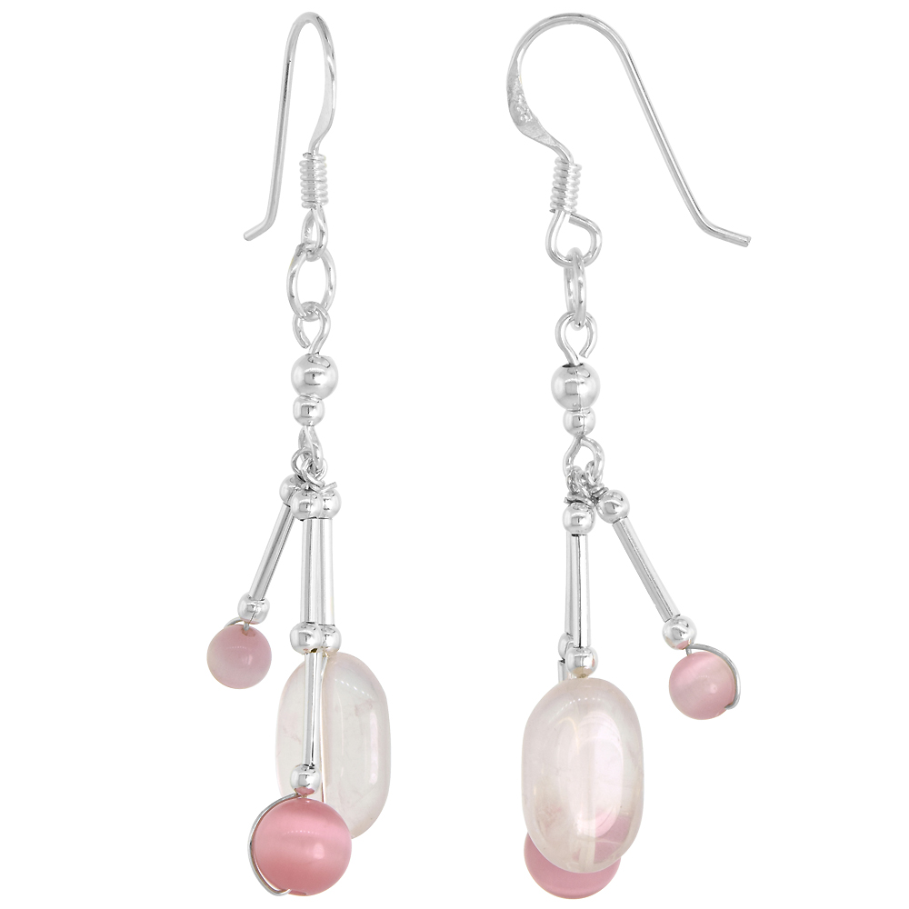 Sterling Silver Natural Rose Quartz and Cat's Eye Bead Cluster Fishhook Handmade Earrings 2 1/16 inch