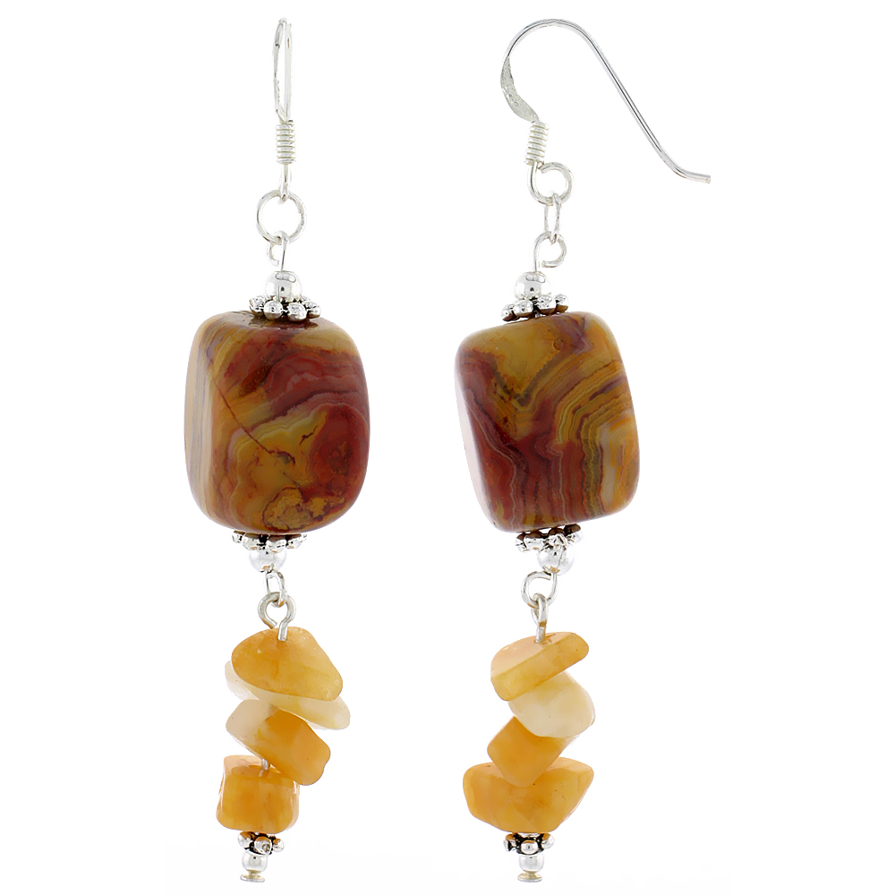 Sterling Silver Natural Picture Jasper and Citrine Dangle Earrings Women Fishhook Handmade 1 3/4 inch