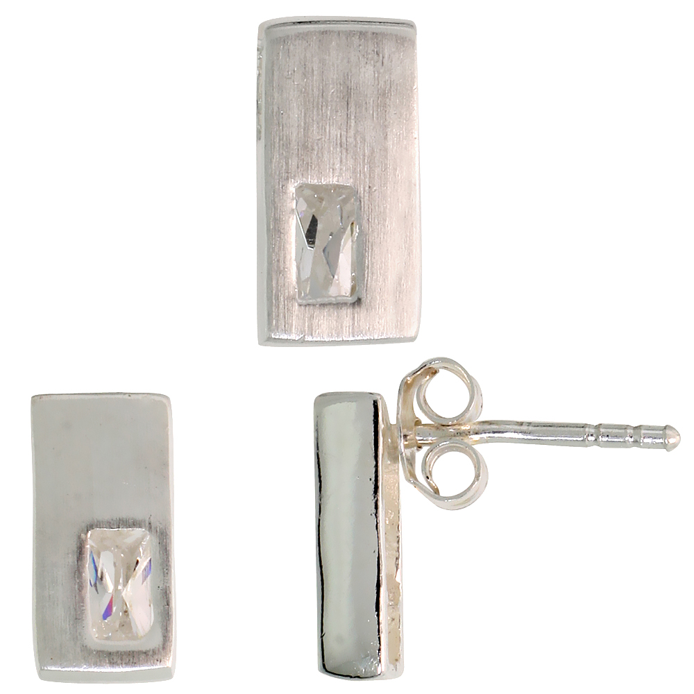 STERLING SILVER RADIANT CUT WHITE CZ RECTANGULAR STUD EARRINGS & PENDANT SET FOR WOMEN BRUSHED FINISH