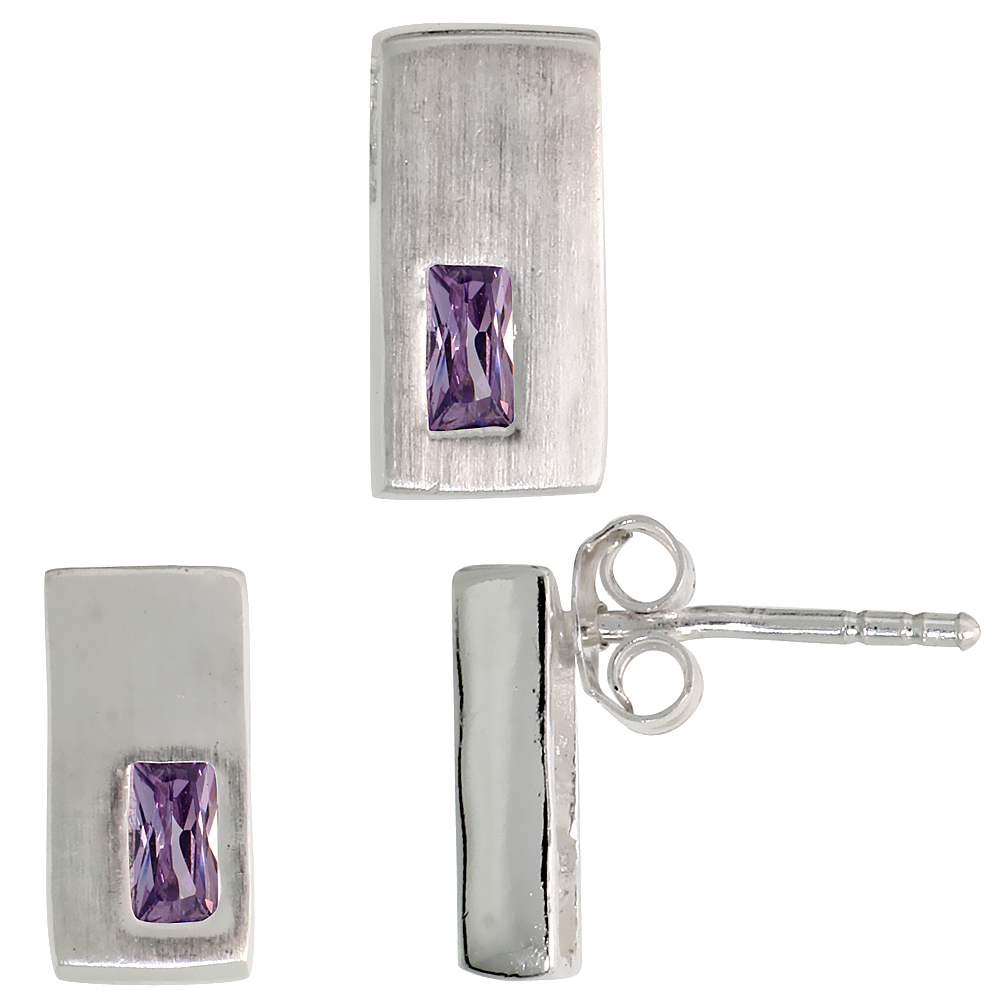 STERLING SILVER RADIANT CUT AMETHYST PURPLE CZ RECTANGULAR STUD EARRINGS & PENDANT SET BRUSHED FINISH