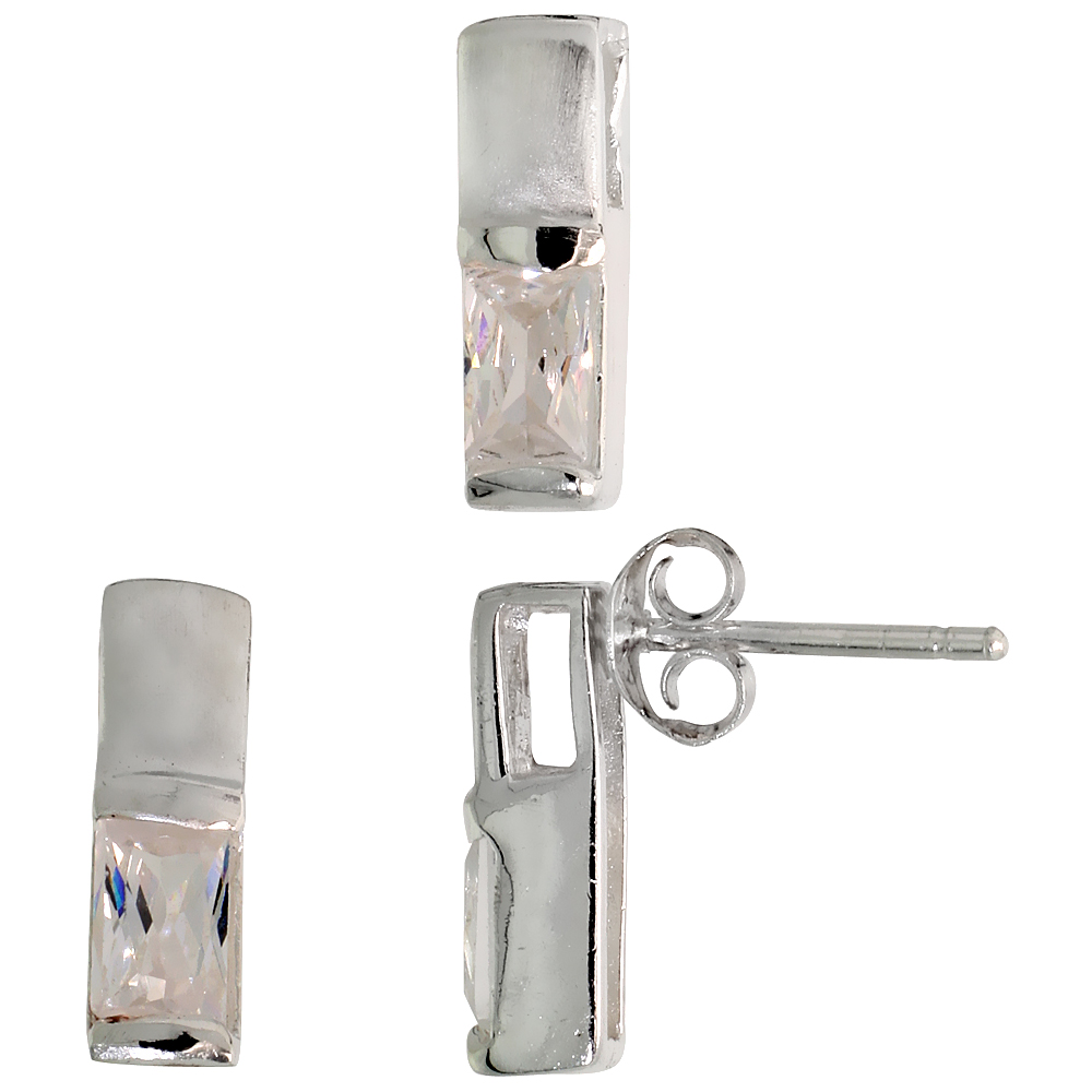 STERLING SILVER RADIANT CUT WHITE CZ THIN RECTANGLE STUD EARRINGS & PENDANT SET FOR WOMEN BRUSHED FINISH
