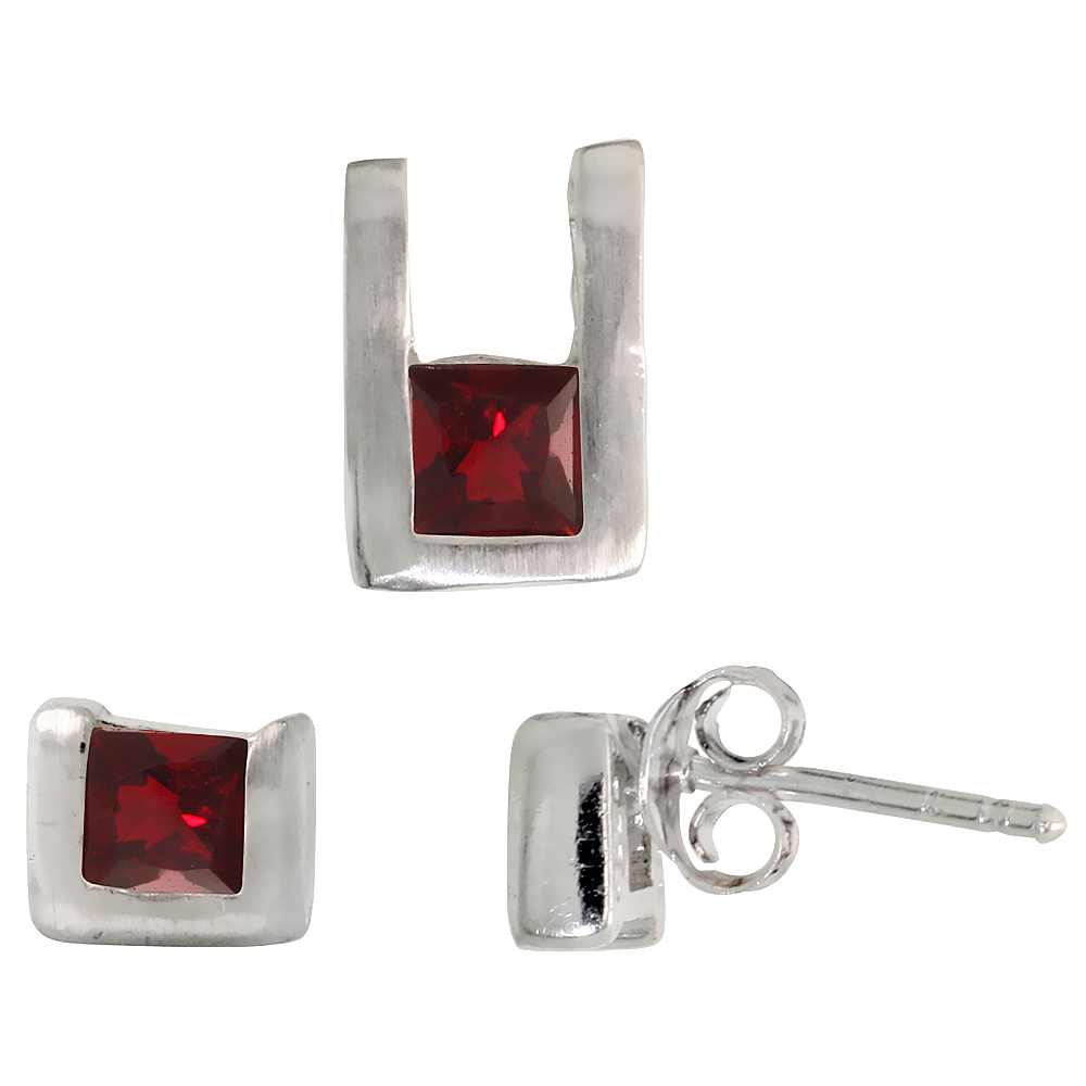 STERLING SILVER PRINCESS CUT GARNET RED CZ U SHAPE STUD EARRINGS & PENDANT SET BRUSHED FINISH