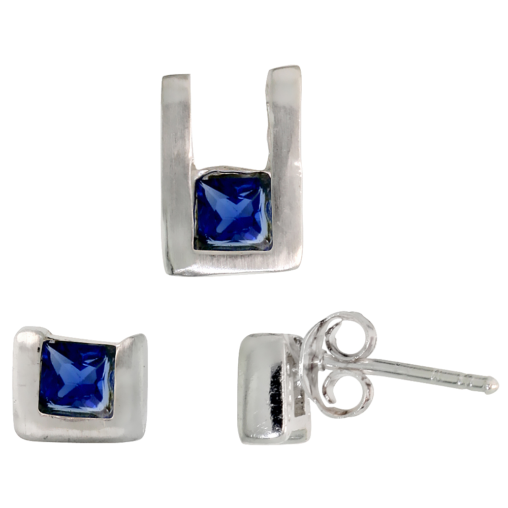 STERLING SILVER PRINCESS CUT BLUE SAPPHIRE CZ U SHAPE STUD EARRINGS & PENDANT SET BRUSHED FINISH