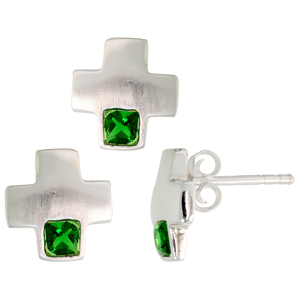 STERLING SILVER PRINCESS CUT EMERALD GREEN CZ GREEK CROSS STUD EARRINGS & PENDANT SET BRUSHED FINISH