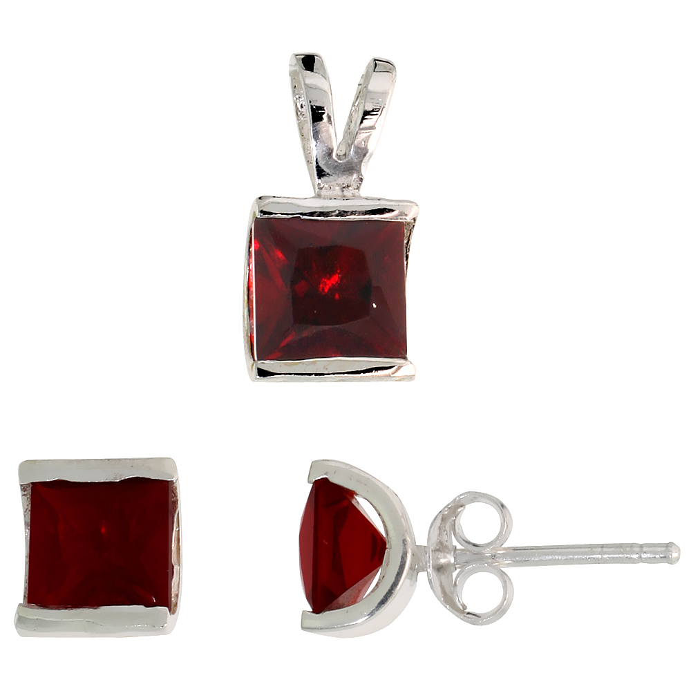 STERLING SILVER PRINCESS CUT GARNET RED CZ SQUARE STUD EARRINGS AND PENDANT SET FOR WOMEN CHANNEL SET FOR WOMEN