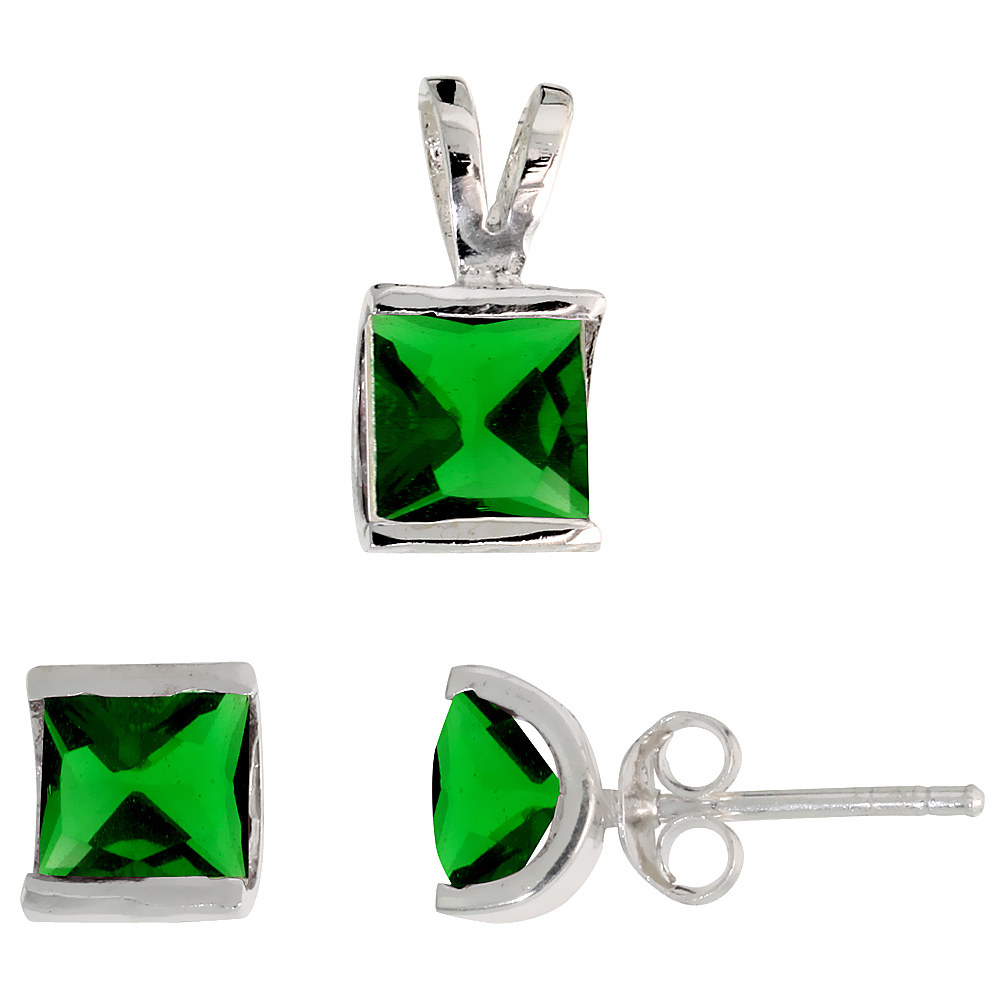 STERLING SILVER PRINCESS CUT EMERALD GREEN CZ SQUARE STUD EARRINGS AND PENDANT SET FOR WOMEN CHANNEL SET FOR WOMEN