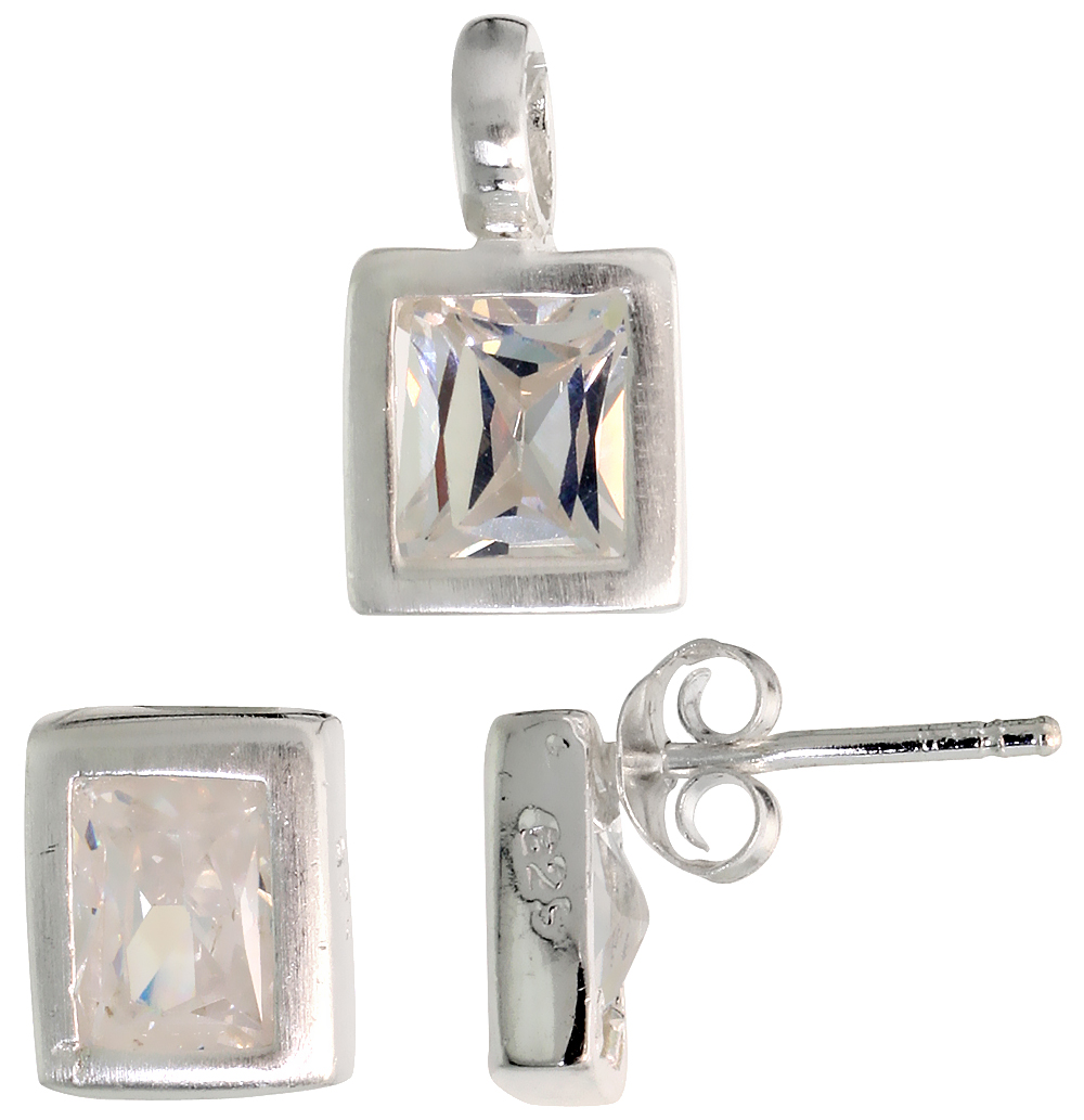 STERLING SILVER RADIANT CUT WHITE CZ RECTANGULAR STUD EARRINGS AND PENDANT SET FOR WOMEN BRUSHED FINISH