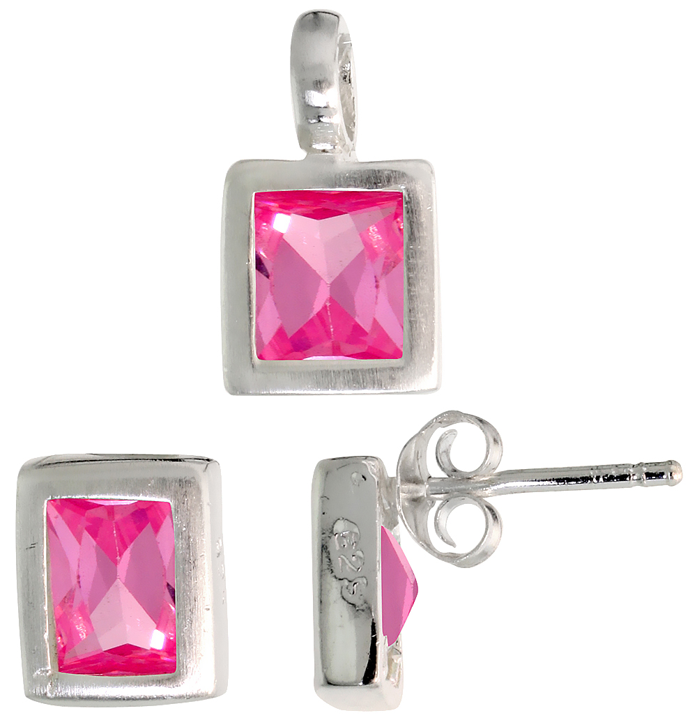 STERLING SILVER RADIANT CUT PINK CZ RECTANGULAR STUD EARRINGS AND PENDANT SET FOR WOMEN BRUSHED FINISH