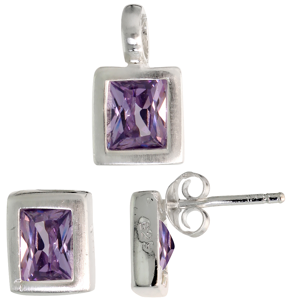 STERLING SILVER RADIANT CUT AMETHYST PURPLE CZ RECTANGULAR STUD EARRINGS AND PENDANT SET BRUSHED FINISH