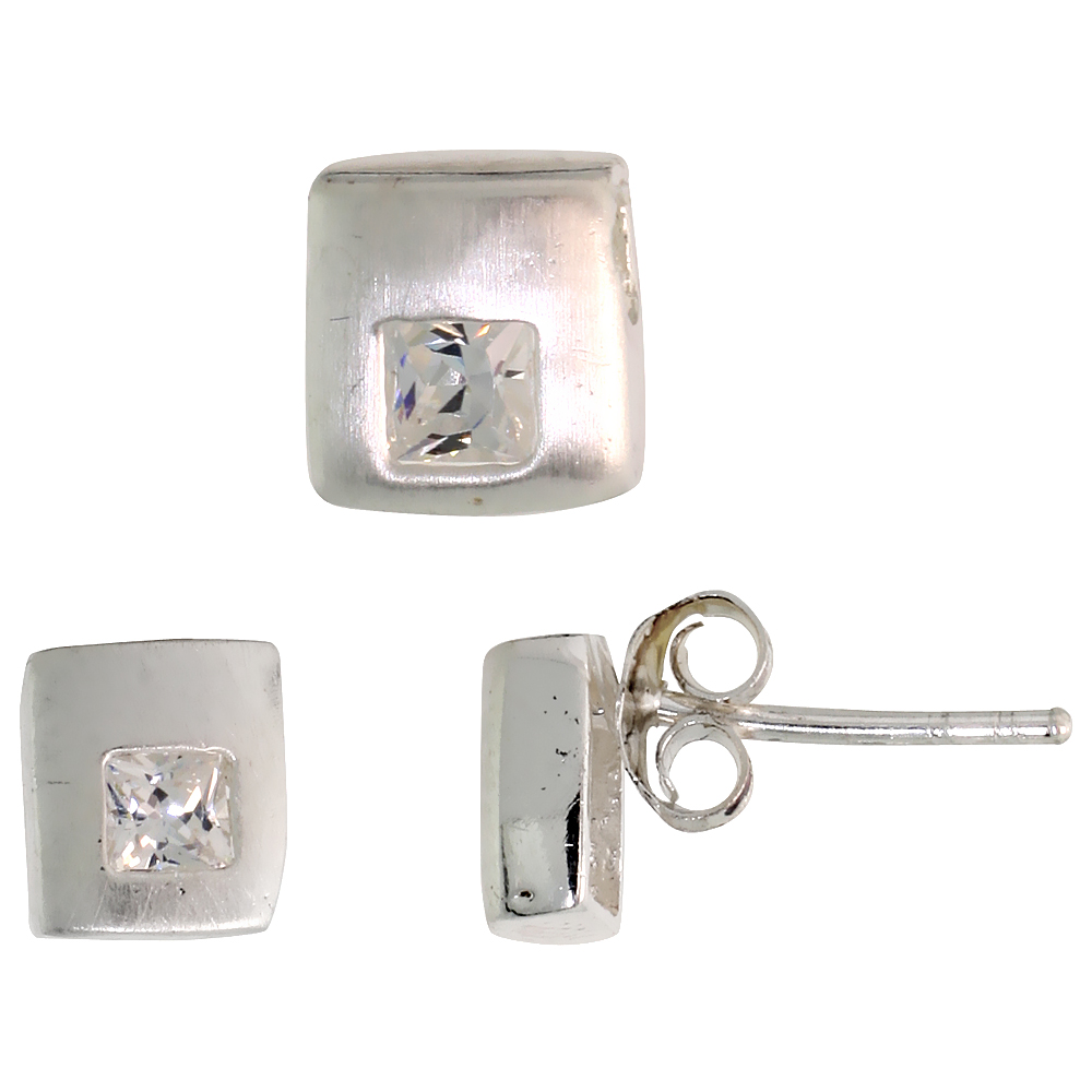 STERLING SILVER PRINCESS CUT WHITE CZ SQUARE STUD EARRINGS & PENDANT SET FOR WOMEN BRUSHED FINISH