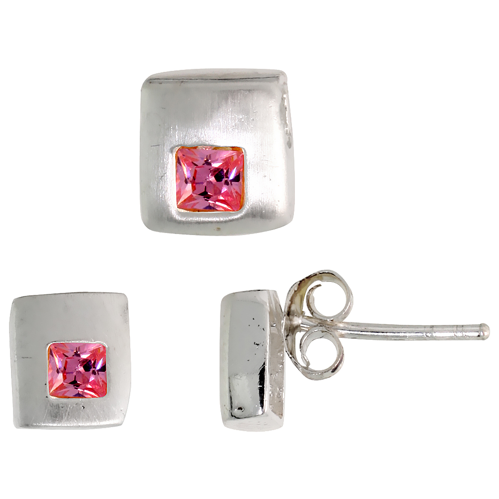 STERLING SILVER PRINCESS CUT PINK CZ SQUARE STUD EARRINGS & PENDANT SET FOR WOMEN BRUSHED FINISH