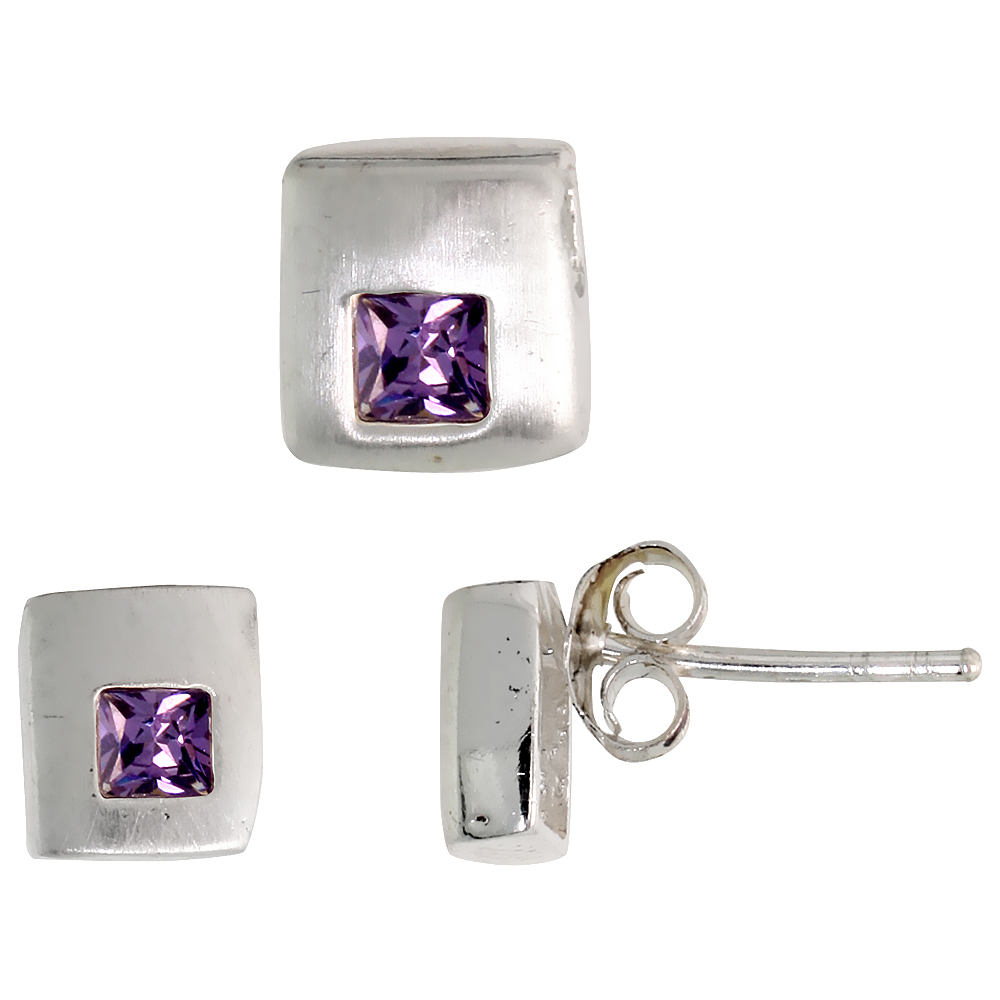 STERLING SILVER PRINCESS CUT AMETHYST PURPLE CZ SQUARE STUD EARRINGS & PENDANT SET BRUSHED FINISH