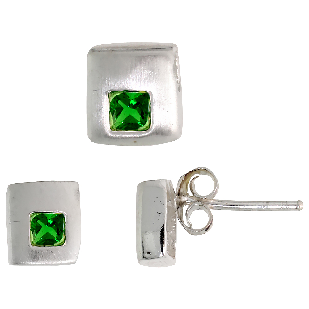 STERLING SILVER PRINCESS CUT EMERALD GREEN CZ SQUARE STUD EARRINGS & PENDANT SET BRUSHED FINISH