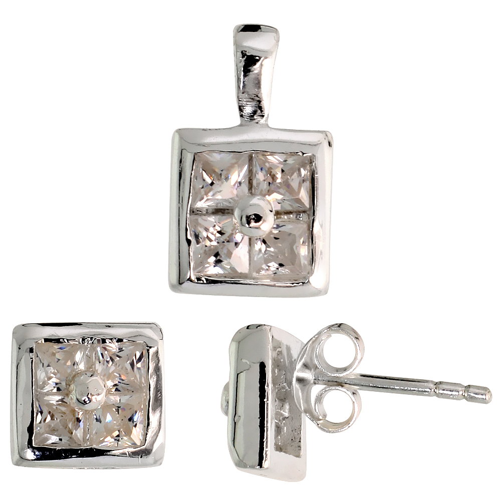 STERLING SILVER PRINCESS CUT WHITE CZ SQUARE STUD EARRINGS AND PENDANT SET FOR WOMEN INVISIBLE SET FOR WOMEN