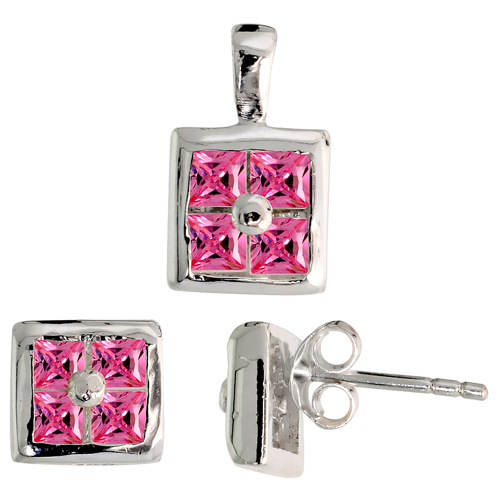 STERLING SILVER PRINCESS CUT PINK CZ SQUARE STUD EARRINGS AND PENDANT SET FOR WOMEN INVISIBLE SET FOR WOMEN