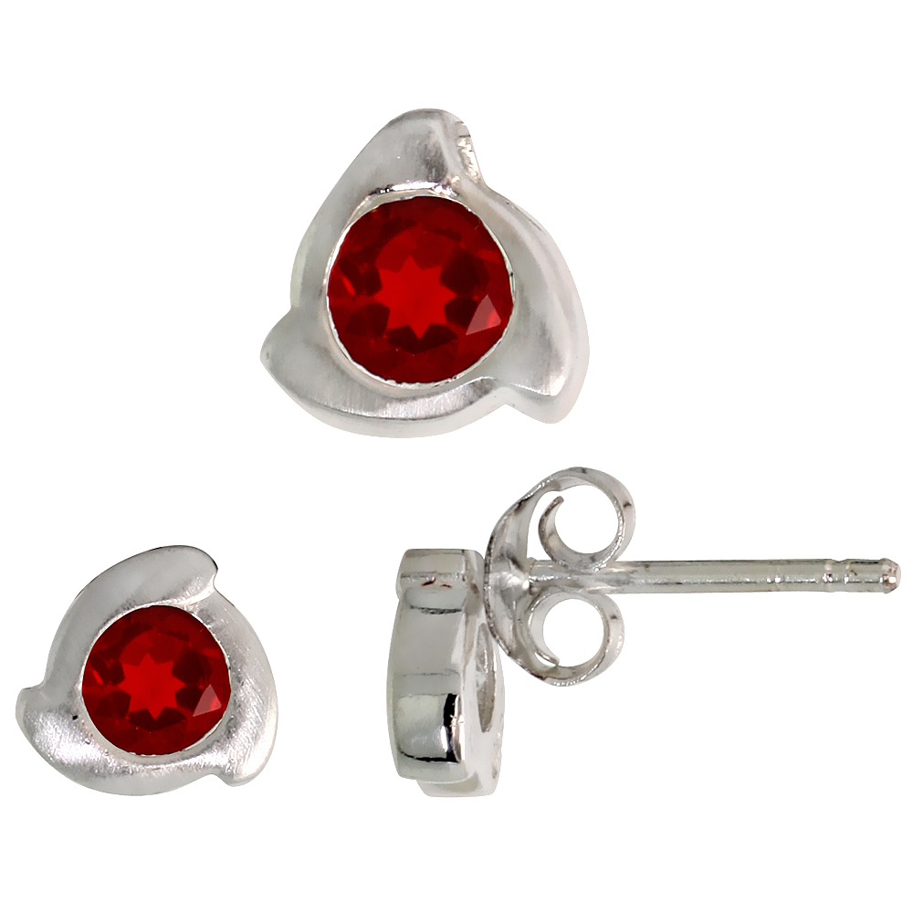 STERLING SILVER BRILLIANT CUT RUBY RED CZ SPINNING TREFOIL STUD EARRINGS & PENDANT SET FOR WOMEN BRUSHED FINISH