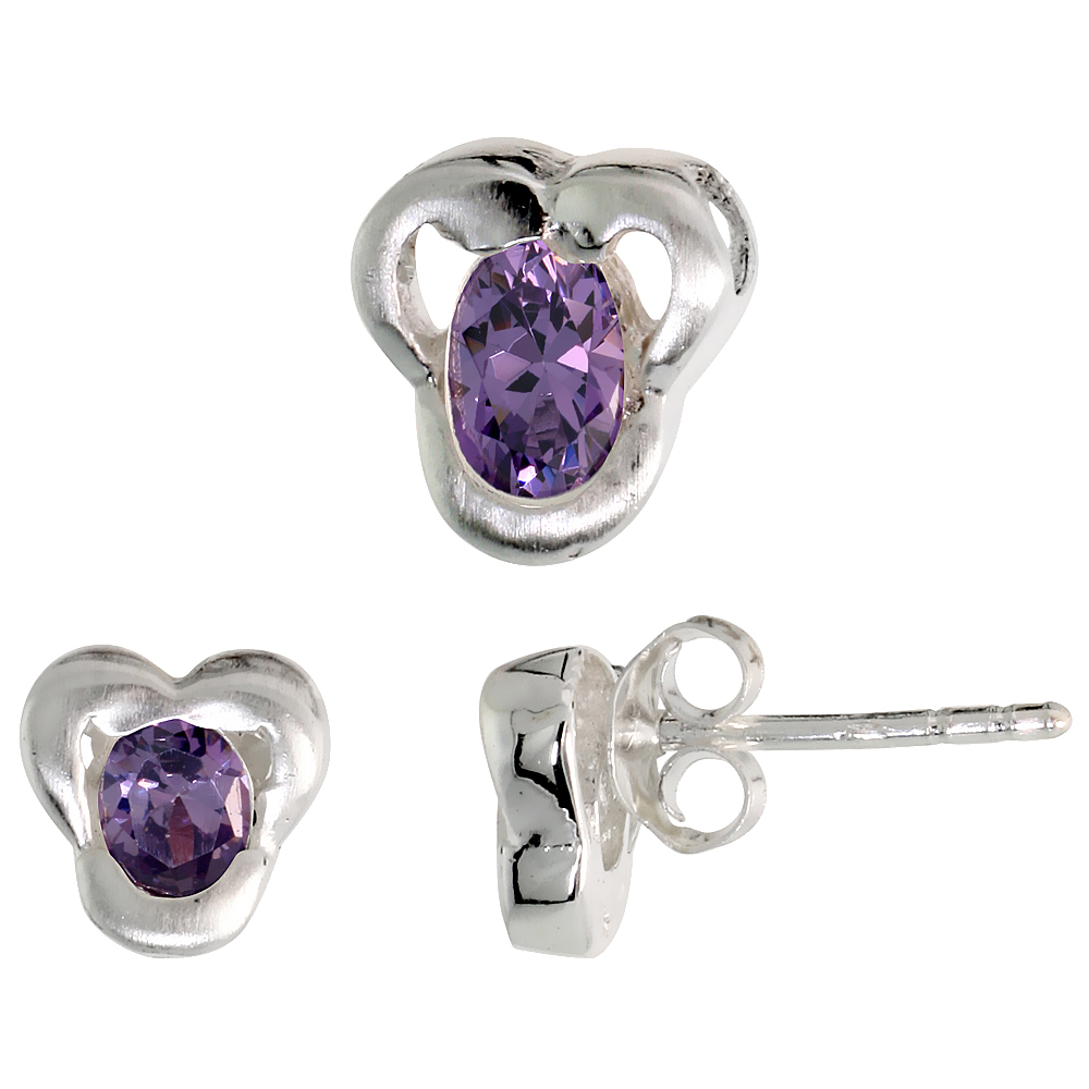 STERLING SILVER OVAL CUT AMETHYST PURPLE CZ TREFOIL STUD EARRINGS & PENDANT SET FOR WOMEN BRUSHED FINISH
