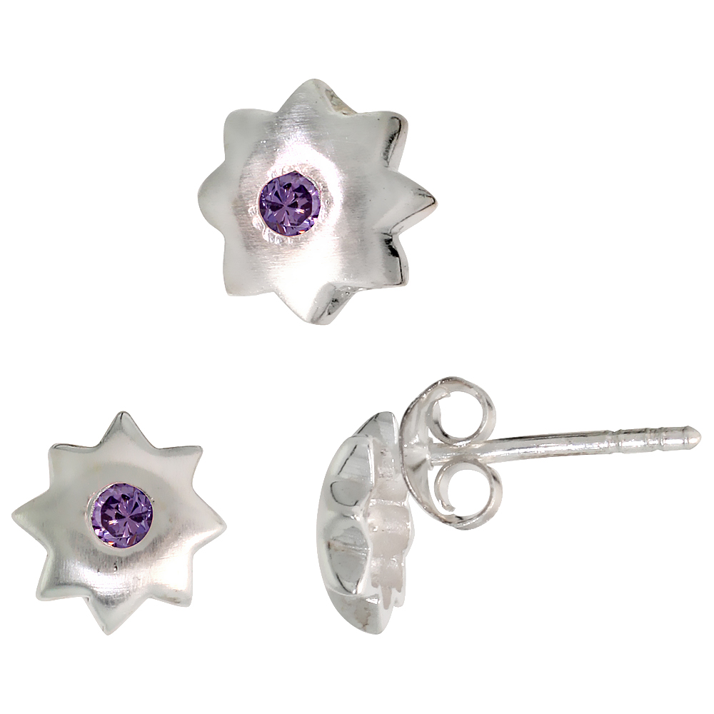 STERLING SILVER BRILLIANT CUT AMETHYST PURPLE CZ 8 POINT STAR STUD EARRINGS & PENDANT SET BRUSHED FINISH