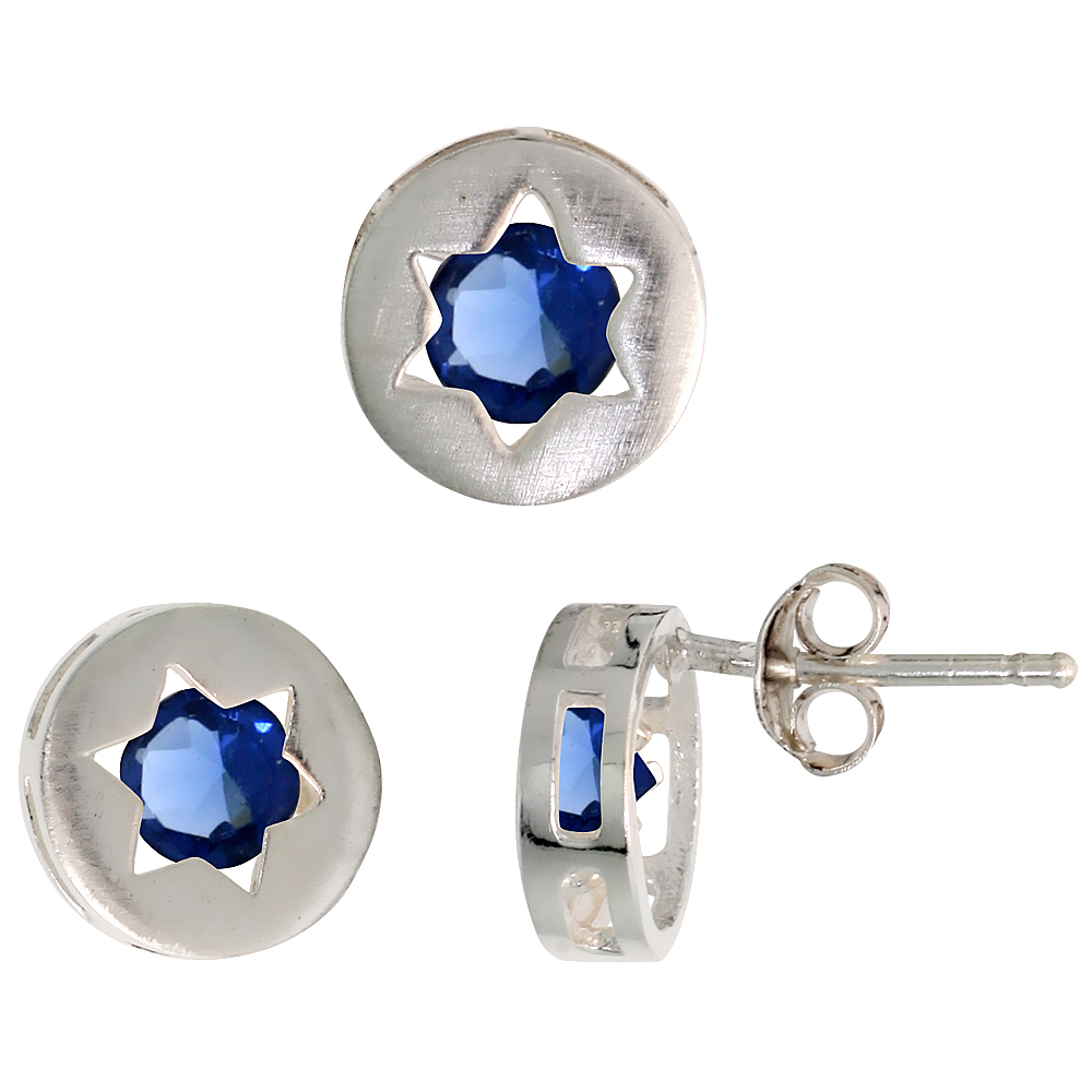 STERLING SILVER BRILLIANT CUT BLUE SAPPHIRE CZ JEWISH STAR OF DAVID STUD EARRINGS & PENDANT SET