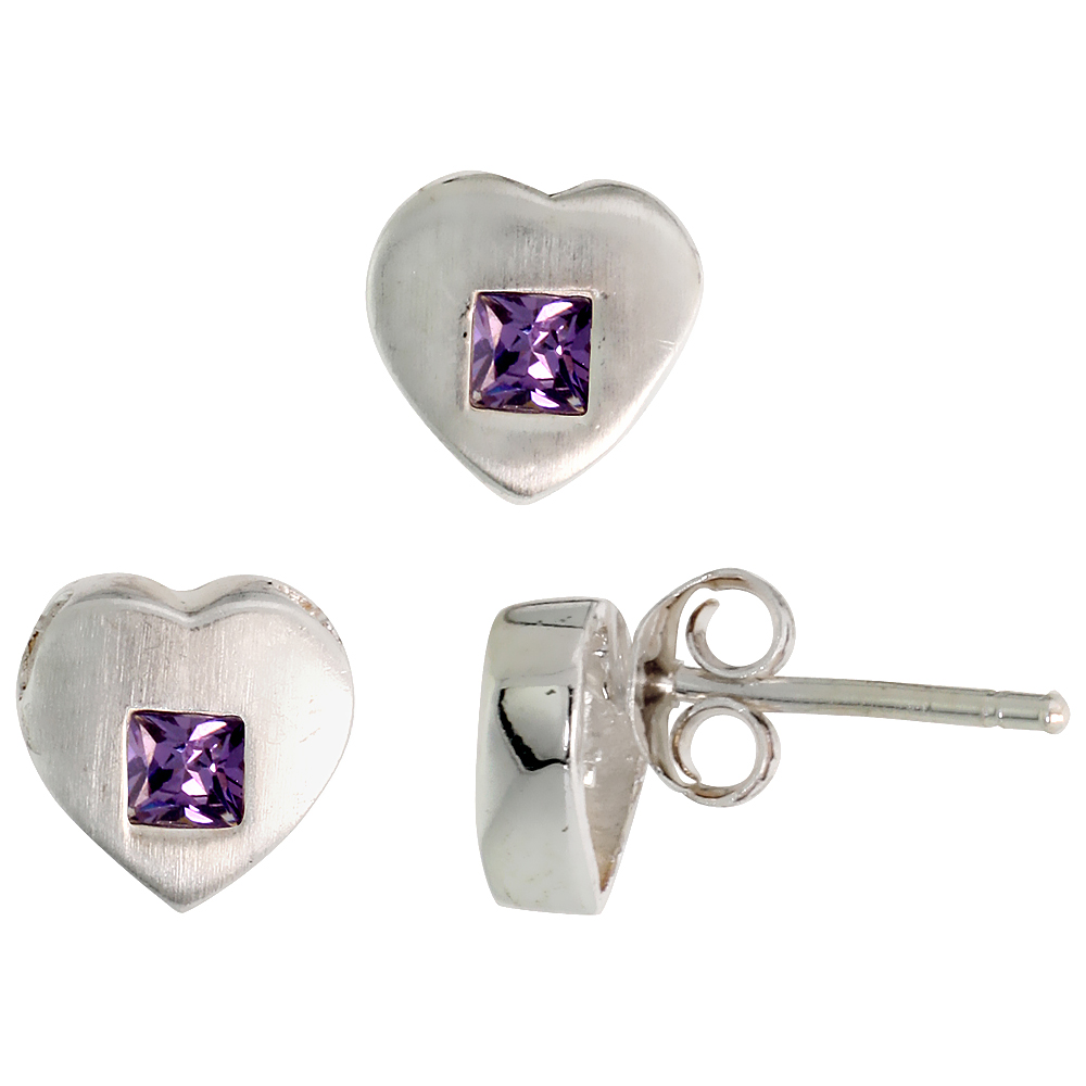 STERLING SILVER PRINCESS CUT AMETHYST PURPLE CZ HEART STUD EARRINGS & PENDANT SET BRUSHED FINISH