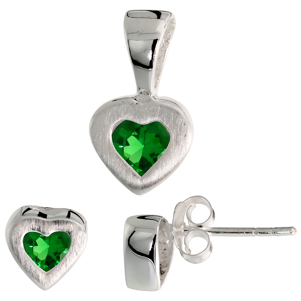 STERLING SILVER HEART CUT EMERALD GREEN CZ HEART STUD EARRINGS AND PENDANT SET FOR WOMEN BRUSHED FINISH