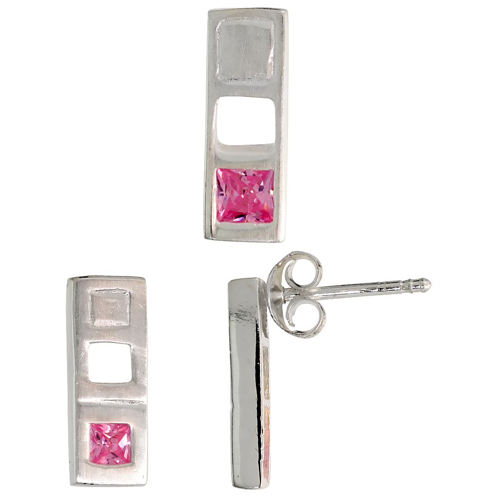 STERLING SILVER PRINCESS CUT PINK CZ BAR STUD EARRINGS & PENDANT SET FOR WOMEN BRUSHED FINISH