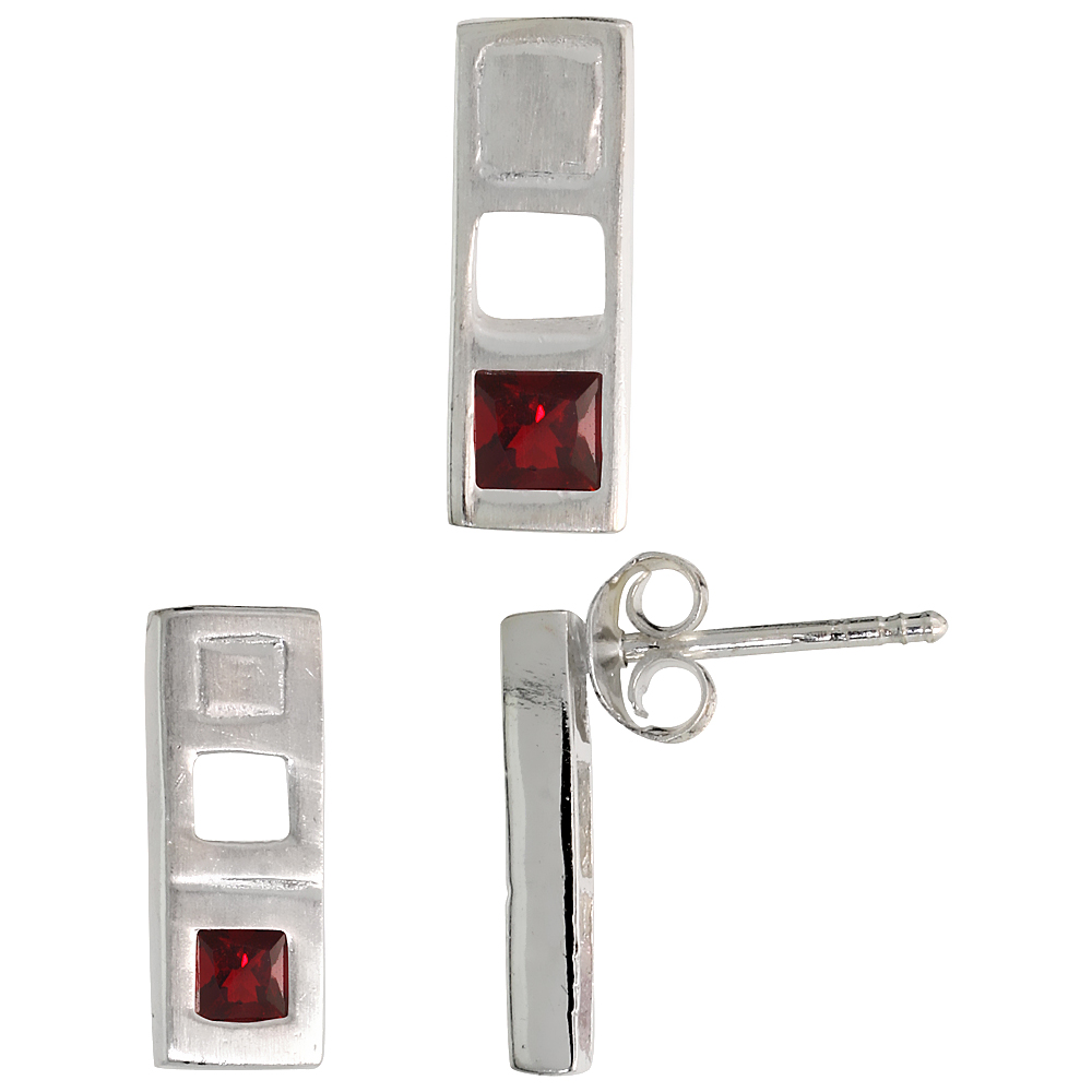 STERLING SILVER PRINCESS CUT GARNET RED CZ BAR STUD EARRINGS & PENDANT SET FOR WOMEN BRUSHED FINISH