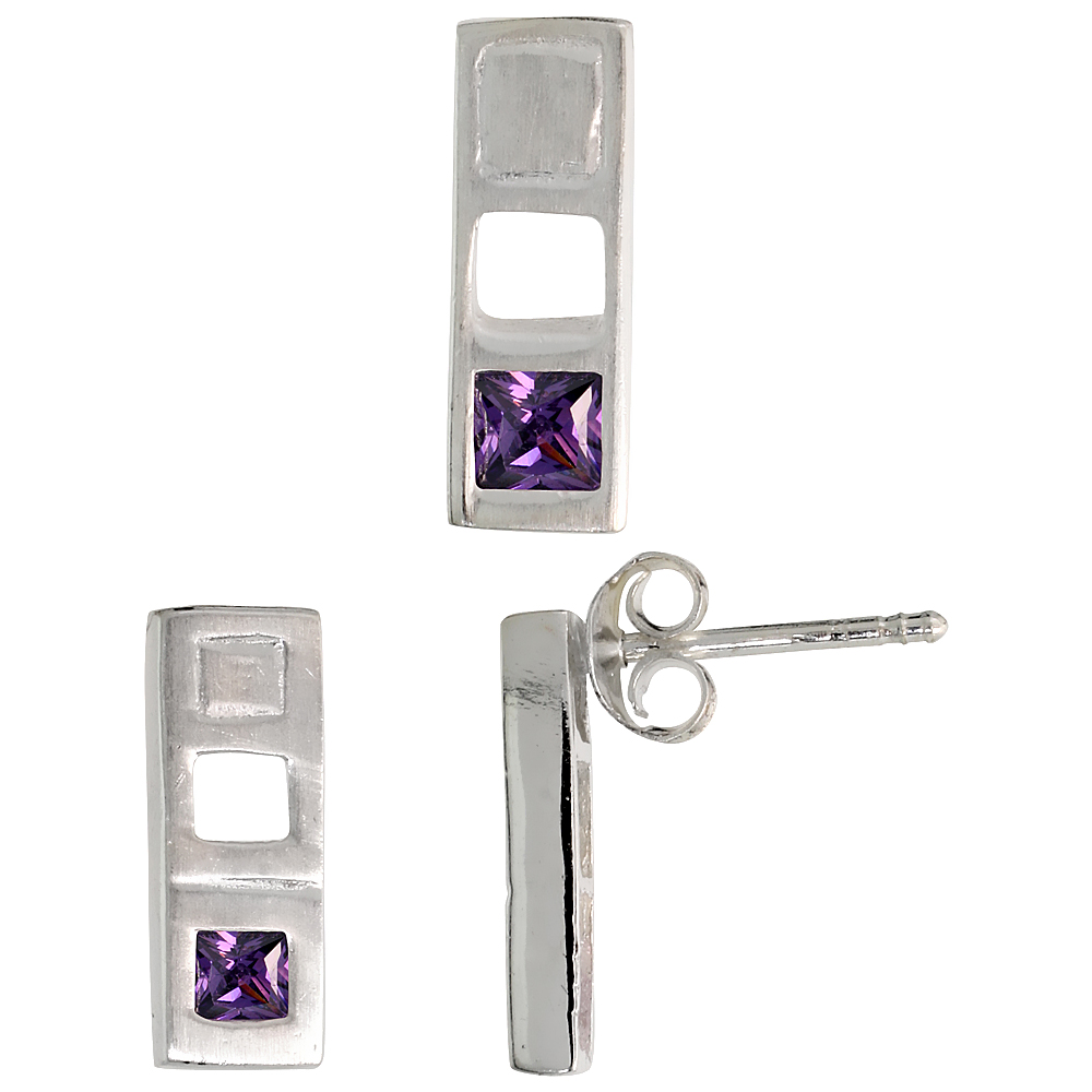 STERLING SILVER PRINCESS CUT AMETHYST PURPLE CZ BAR STUD EARRINGS & PENDANT SET FOR WOMEN BRUSHED FINISH
