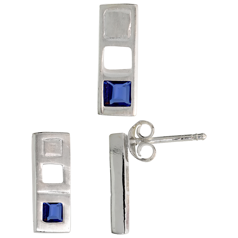 STERLING SILVER PRINCESS CUT BLUE SAPPHIRE CZ BAR STUD EARRINGS & PENDANT SET FOR WOMEN BRUSHED FINISH