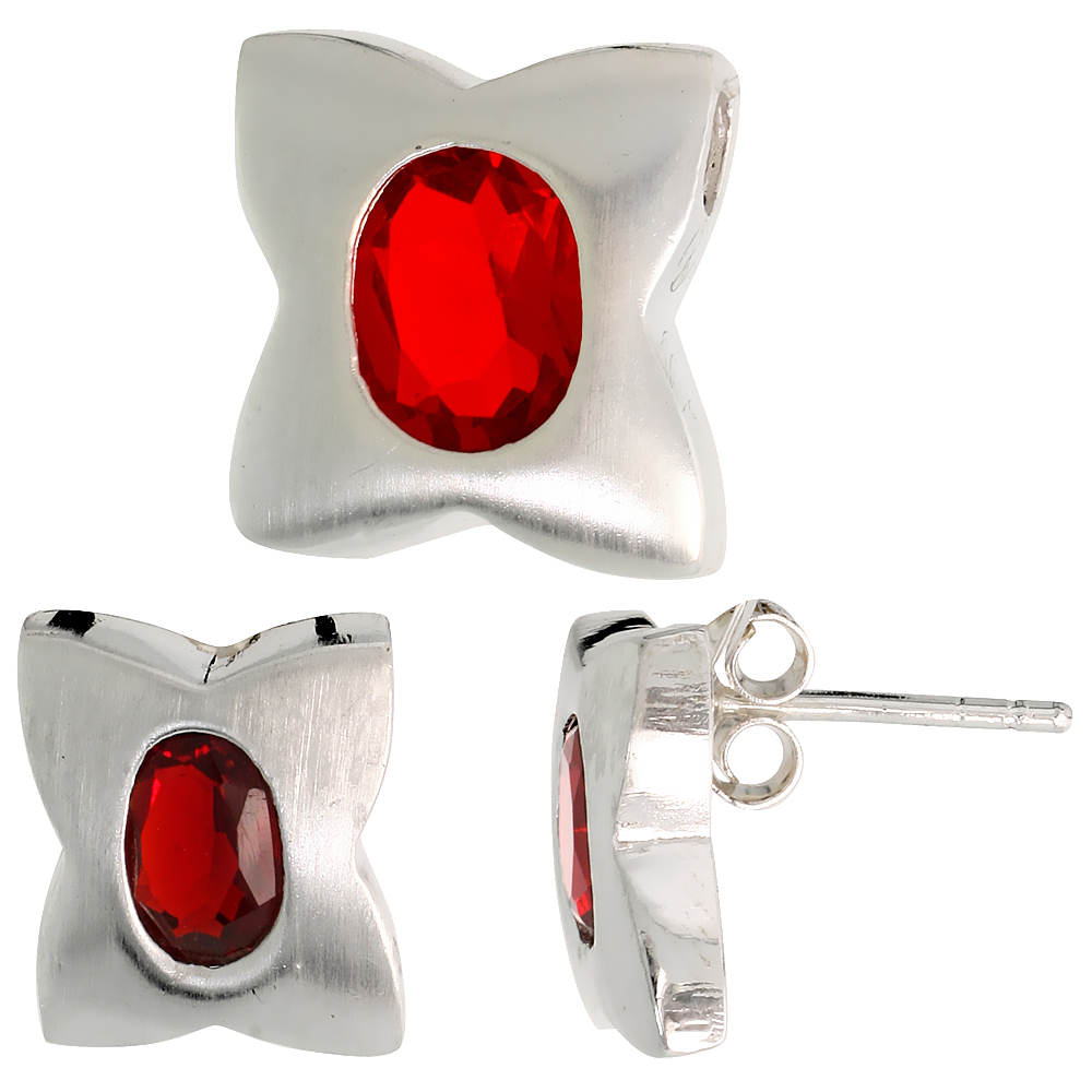 STERLING SILVER OVAL CUT RUBY RED CZ QUATREFOIL STUD EARRINGS & PENDANT SET FOR WOMEN BRUSHED FINISH
