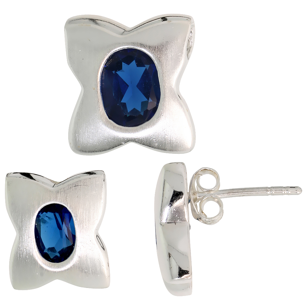 STERLING SILVER OVAL CUT BLUE SAPPHIRE CZ QUATREFOIL STUD EARRINGS & PENDANT SET BRUSHED FINISH