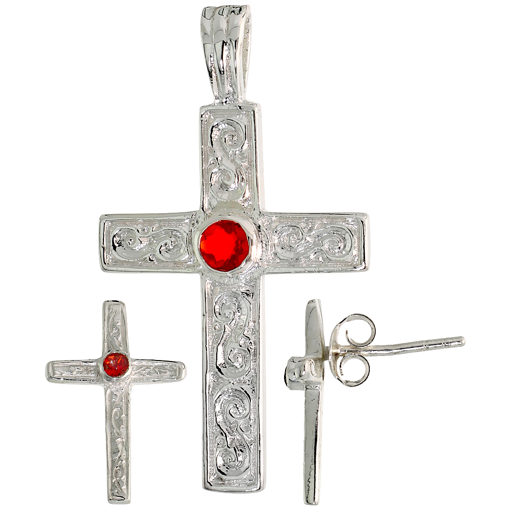 STERLING SILVER BRILLIANT CUT RUBY RED CZ LATIN CROSS STUD EARRINGS AND PENDANT SET SWIRL-DESIGN