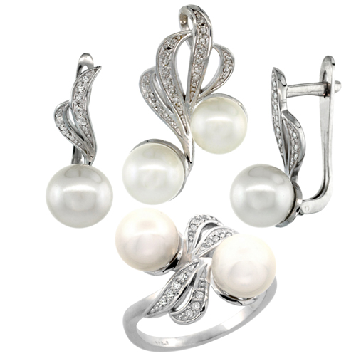 14k White Gold Ribbon Pearl Ring, Earrings &amp; Necklace Set w/ 0.22 Carat Brilliant Cut ( H-I Color; VS2-SI1 Clarity ) Diamonds &amp; 