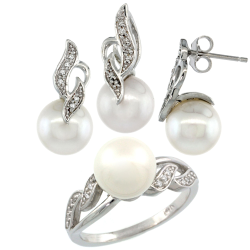 14k White Gold Wavy Pearl Ring, Earrings &amp; Necklace Set w/ 0.125 Carat Brilliant Cut ( H-I Color; VS2-SI1 Clarity ) Diamonds &amp; 9
