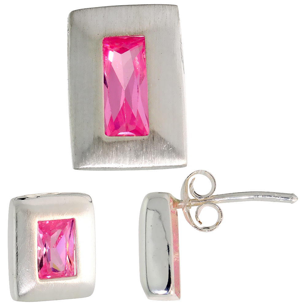 STERLING SILVER RADIANT CUT PINK CZ RECTANGLE STUD EARRINGS & PENDANT SET FOR WOMEN BRUSHED FINISH