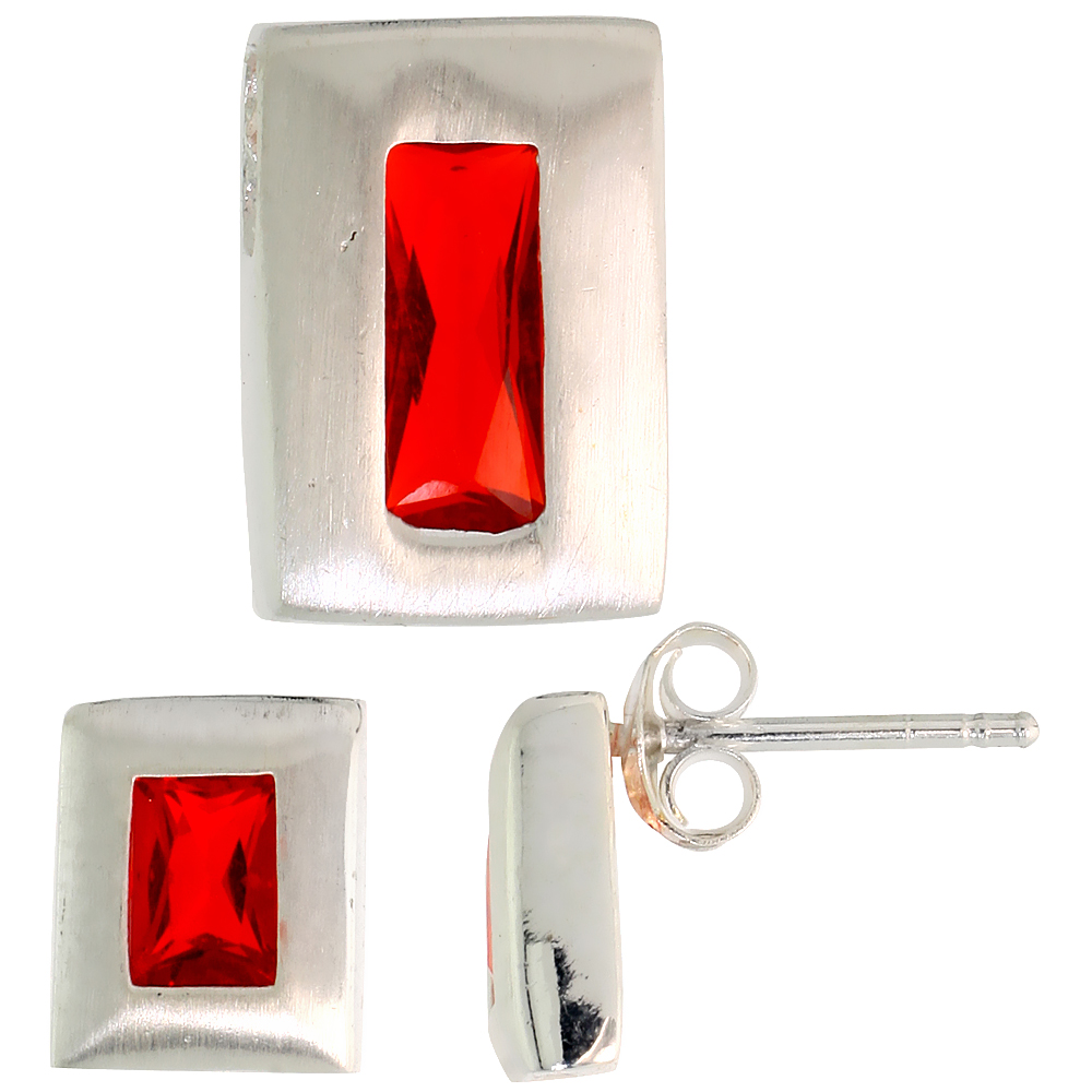 STERLING SILVER RADIANT CUT RUBY RED CZ RECTANGLE STUD EARRINGS & PENDANT SET FOR WOMEN BRUSHED FINISH