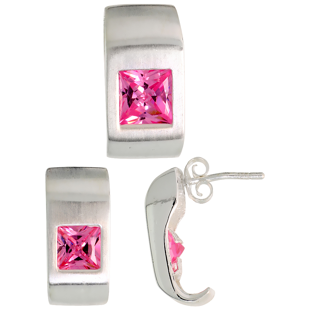 STERLING SILVER PRINCESS CUT PINK CZ GEOMETRIC DESIGN RECTANGULAR STUD EARRINGS & PENDANT SET BRUSHED