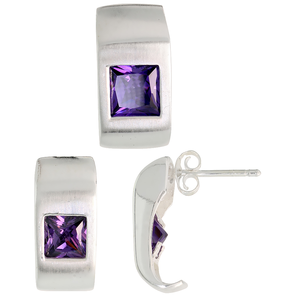 STERLING SILVER PRINCESS CUT AMETHYST PURPLE CZ GEOMETRIC DESIGN RECTANGULAR STUD EARRINGS & PENDANT SET BRUSHED