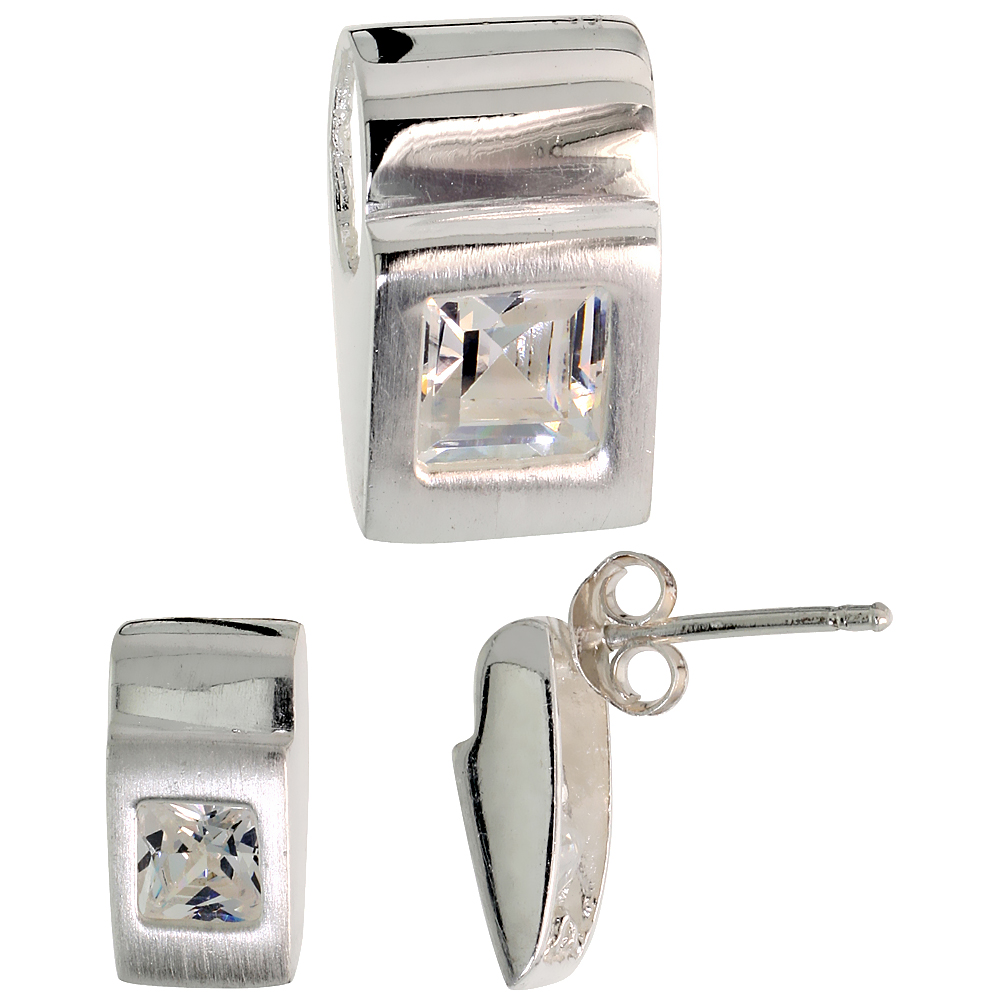 STERLING SILVER PRINCESS CUT WHITE CZ GEOMETRIC DESIGN SQUARE STUD EARRINGS & PENDANT SET BRUSHED FINISH
