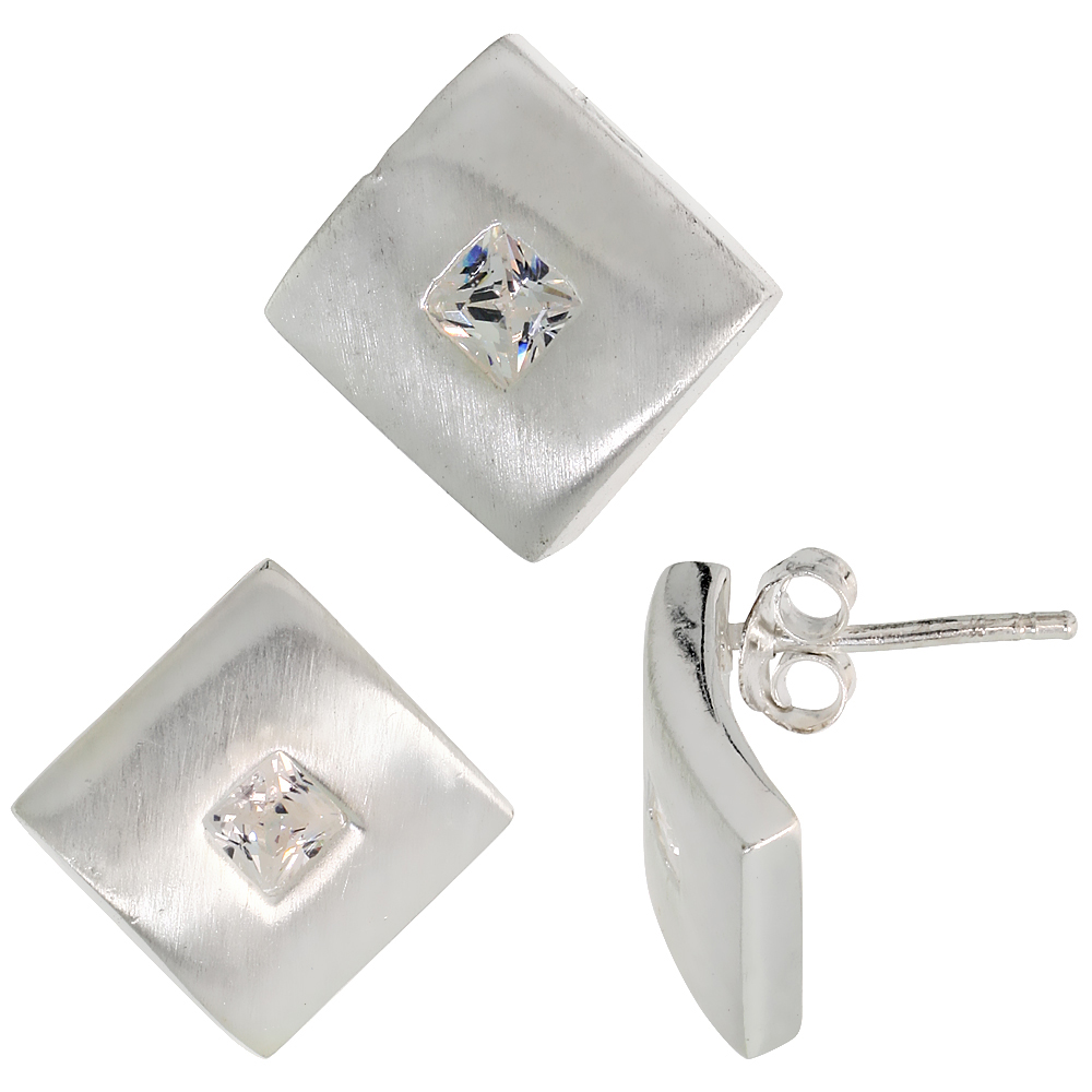 STERLING SILVER PRINCESS CUT WHITE CZ GEOMETRIC DESIGN SQUARE STUD EARRINGS & PENDANT SET BRUSHED FINISH