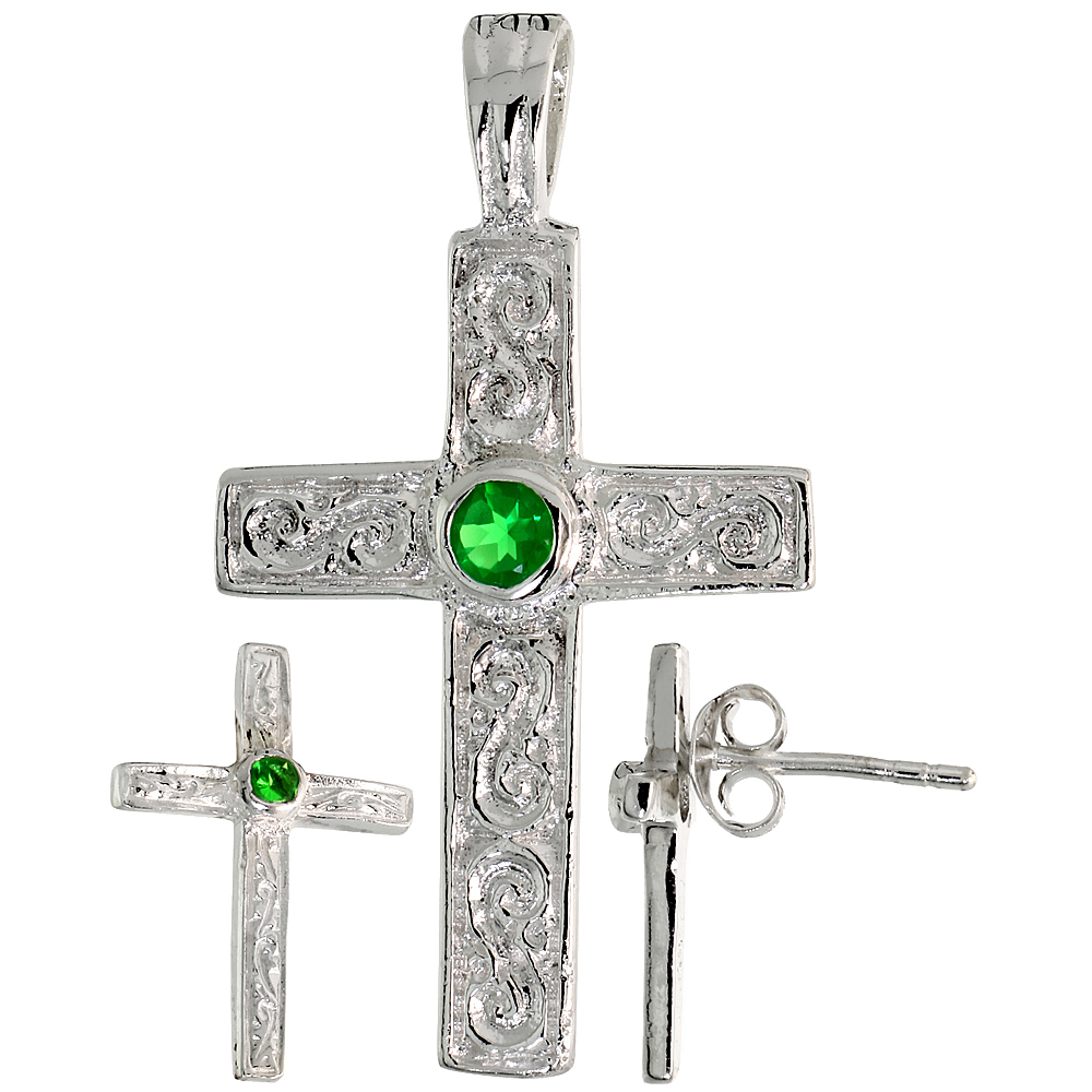 STERLING SILVER BRILLIANT CUT EMERALD GREEN CZ LATIN CROSS STUD EARRINGS AND PENDANT SET SWIRL-DESIGN