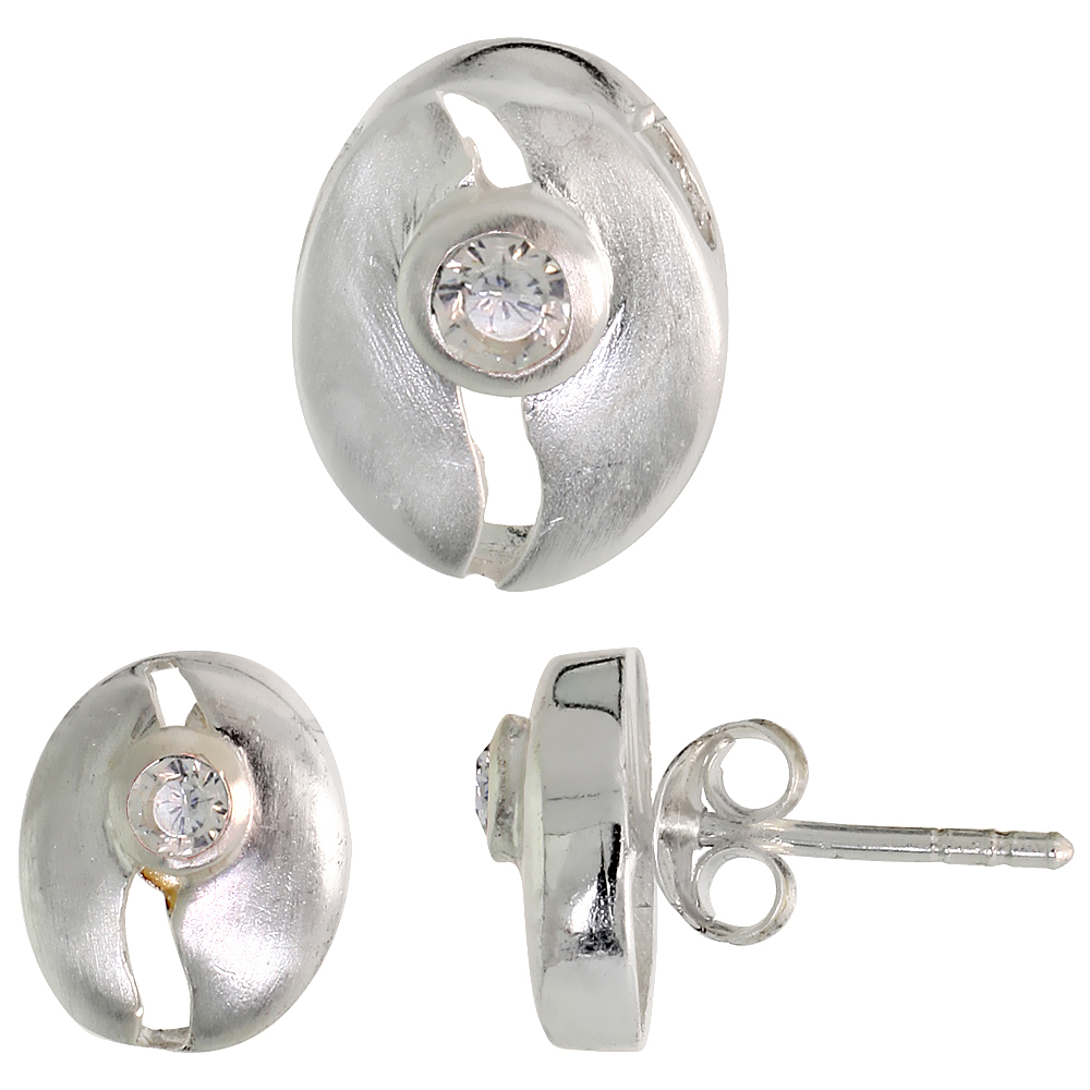 STERLING SILVER BRILLIANT CUT WHITE CZ OBLONG WITH CUT OUTS STUD EARRINGS & PENDANT SET BRUSHED FINISH